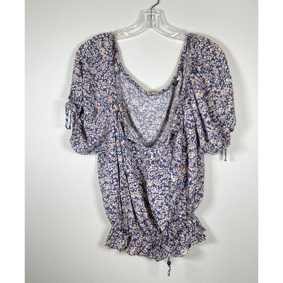 Guess Womens Top Small Blue Floral Smocked Puff Sleeve Cottagecore Milkmaid Y2K - Picture 1 of 8